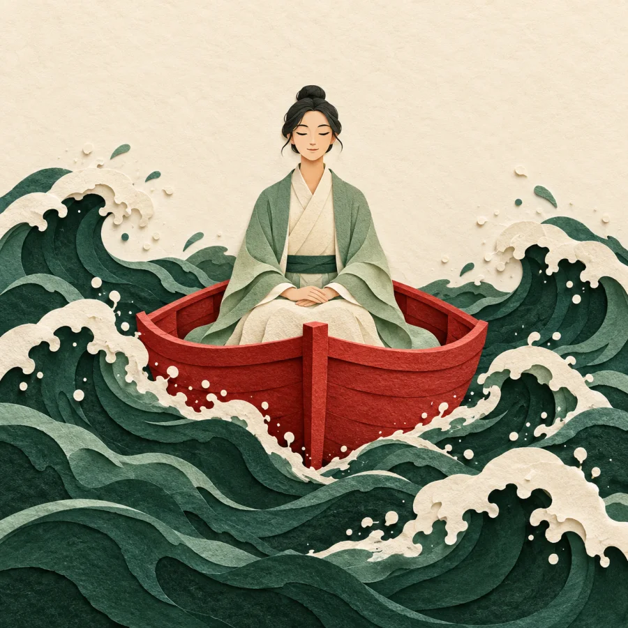 A person sits upright and calm in a boat on waves
