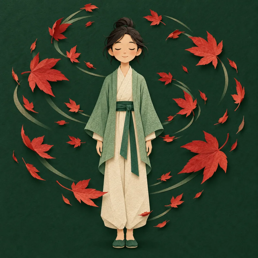A person stands perfectly still among whirling red leaves