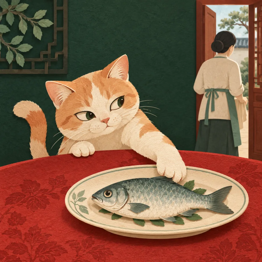 A cat steals a fish from a table while a person looks away