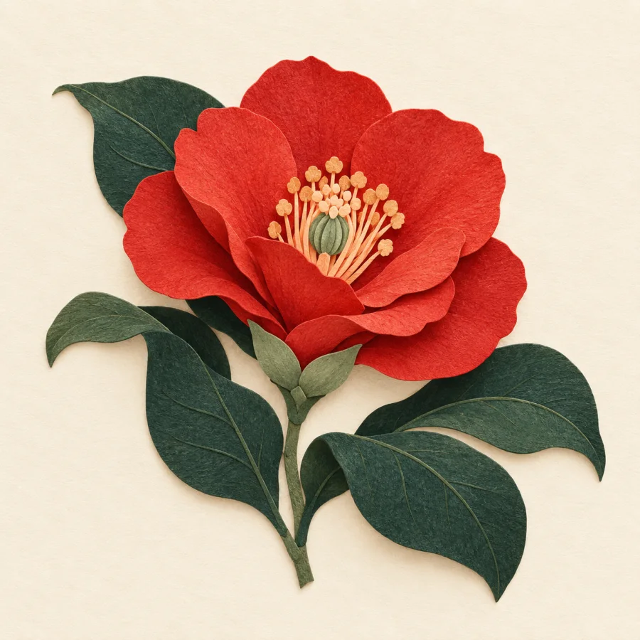A red flower framed by large green leaves