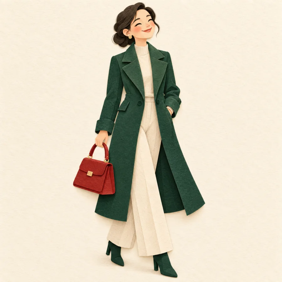 A pleased person in a new coat holding a red bag
