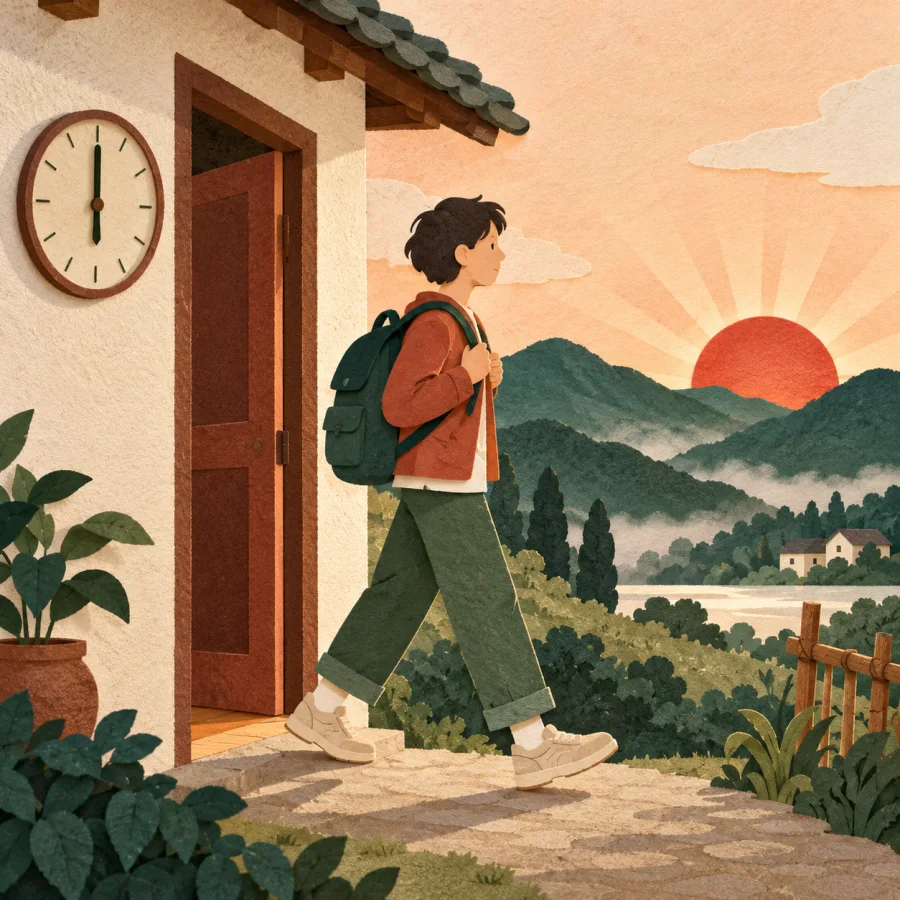 A person with a backpack leaves home at sunrise