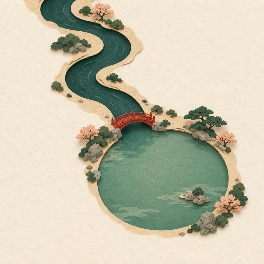 A winding river flows into a round lake with a small bridge