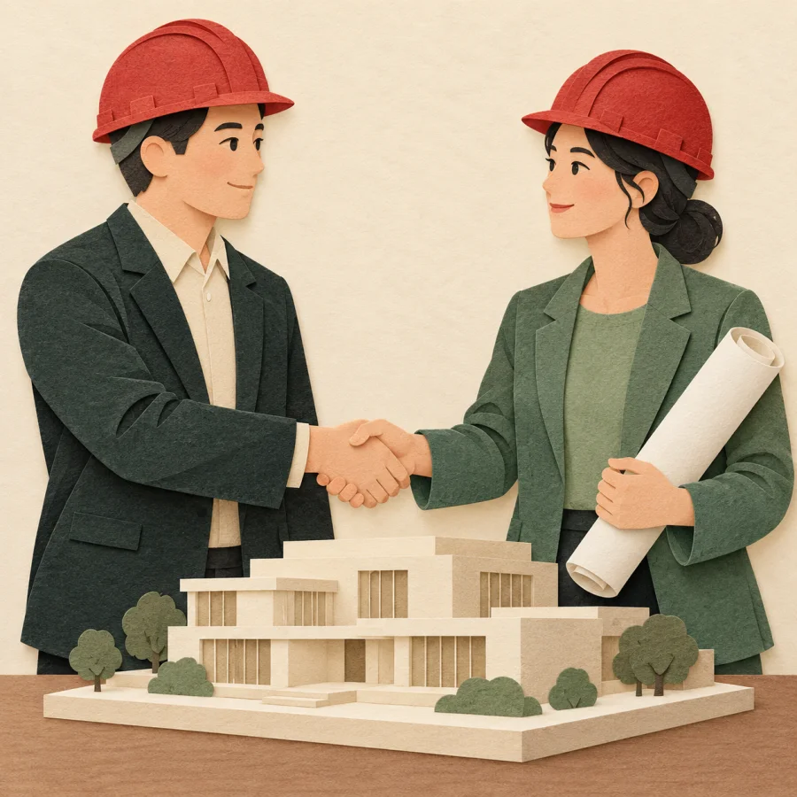 Two people shake hands over a small building model