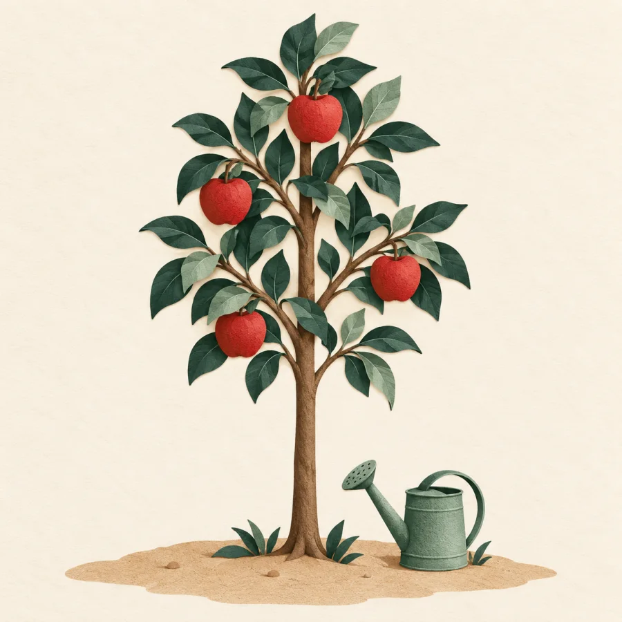 A young tree grows tall and straight under a watering can