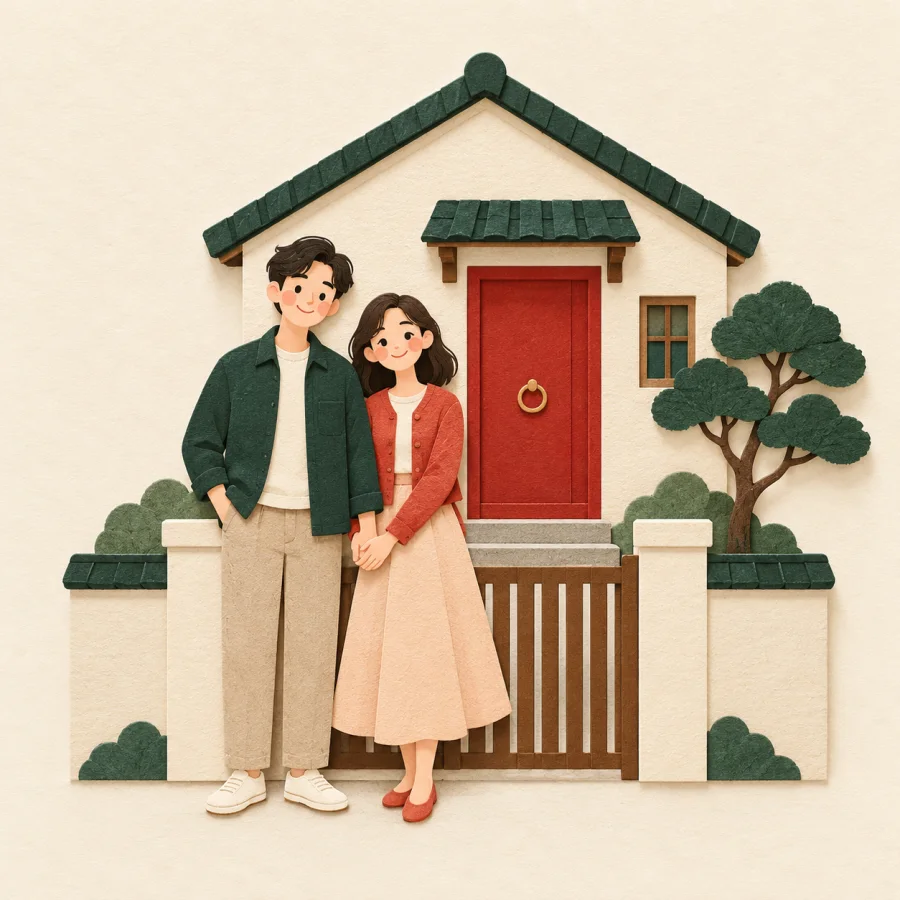 A couple holds hands in front of a new house