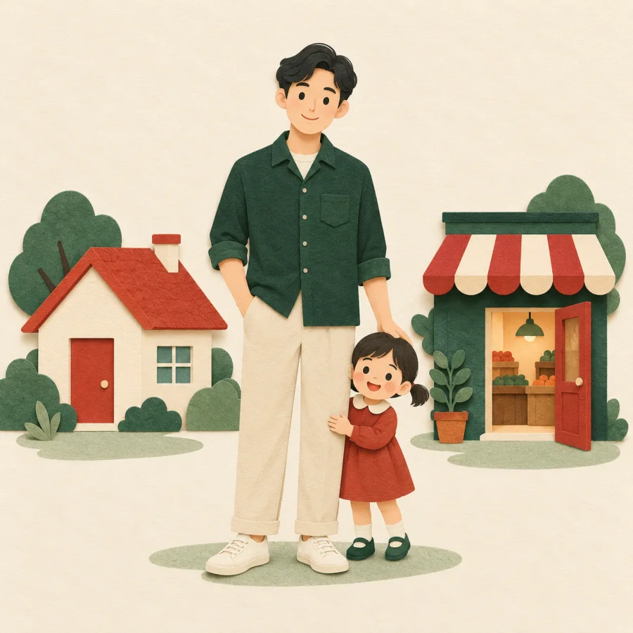 A person stands between a house and a shop with a toddler