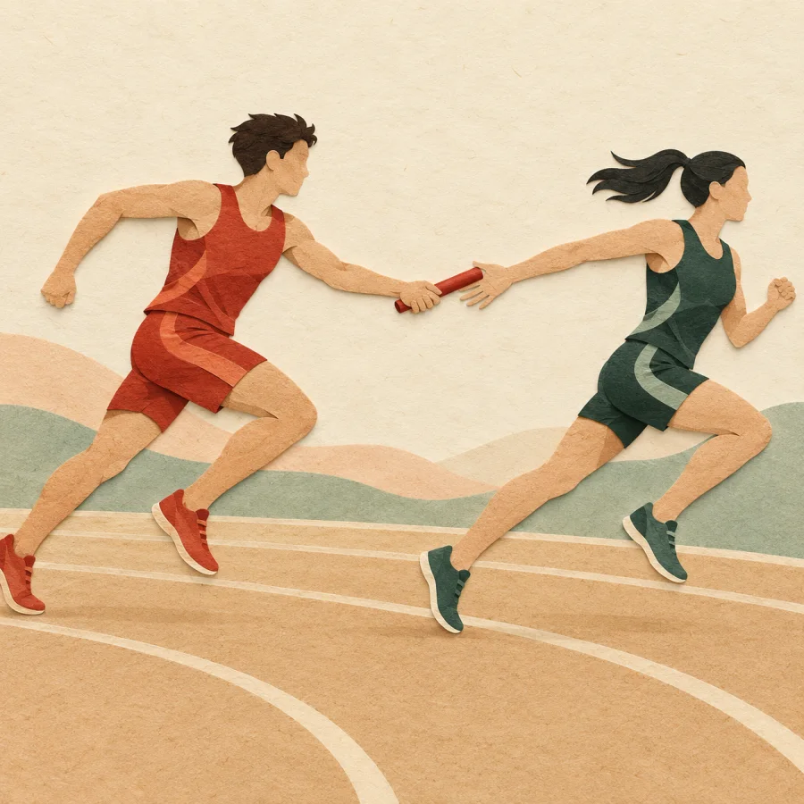 A runner in red passes a baton to the next runner