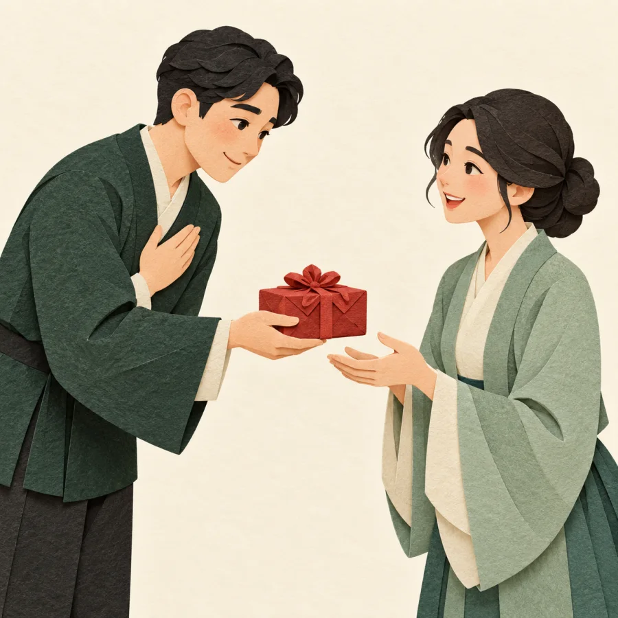 A person bows slightly and offers a red gift