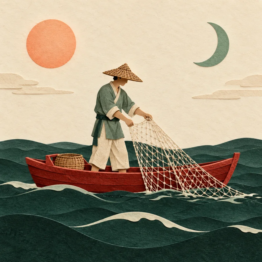 A fisherman in a red boat, sun and moon both in the sky