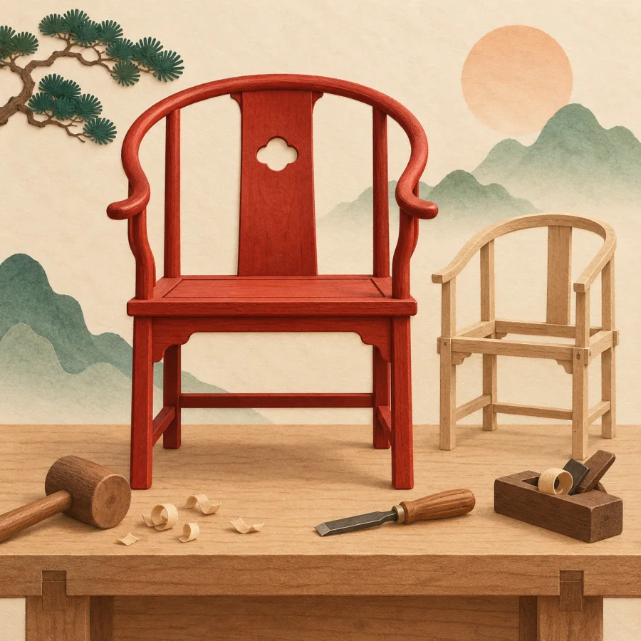 A finished red chair beside a half-built chair and tools