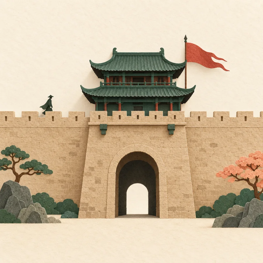 A thick city wall with a gate tower and a person on top