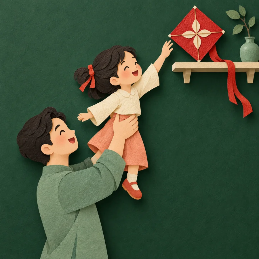 A person lifts a child up to reach a red kite