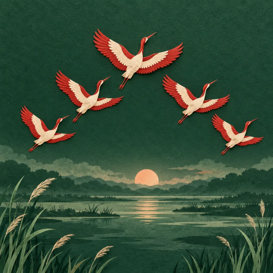 Five large birds fly together over a wetland