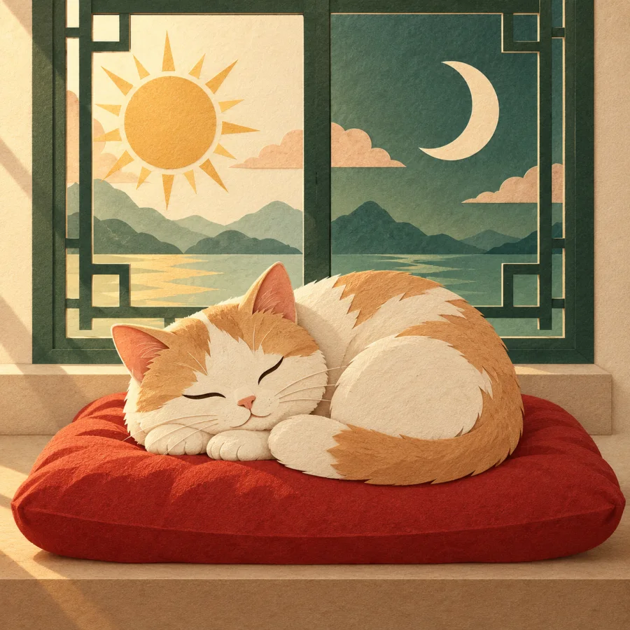 A cat sleeps on a windowsill with sun and moon in the window
