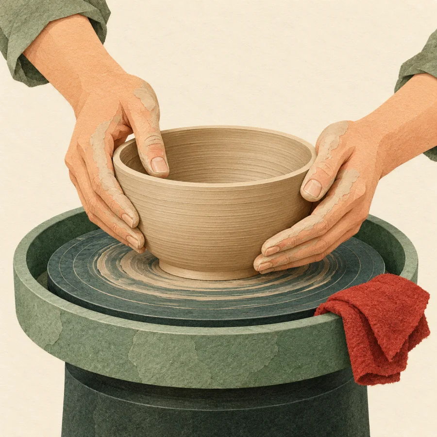 Hands shape a bowl from clay on a potter's wheel