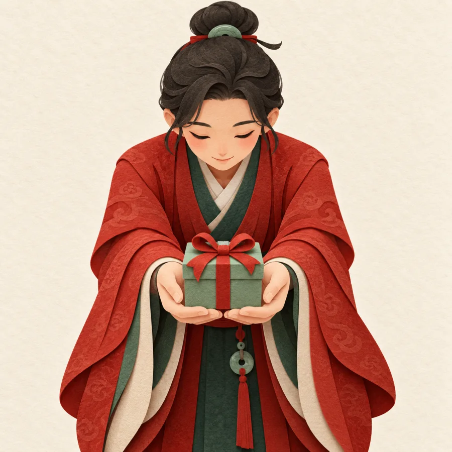 A person bows and offers a gift box with both hands.