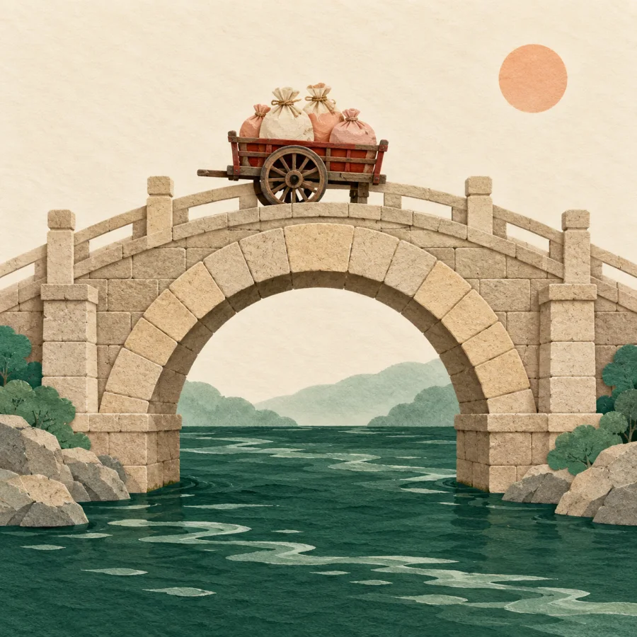 A stone bridge carries a loaded cart over a river.