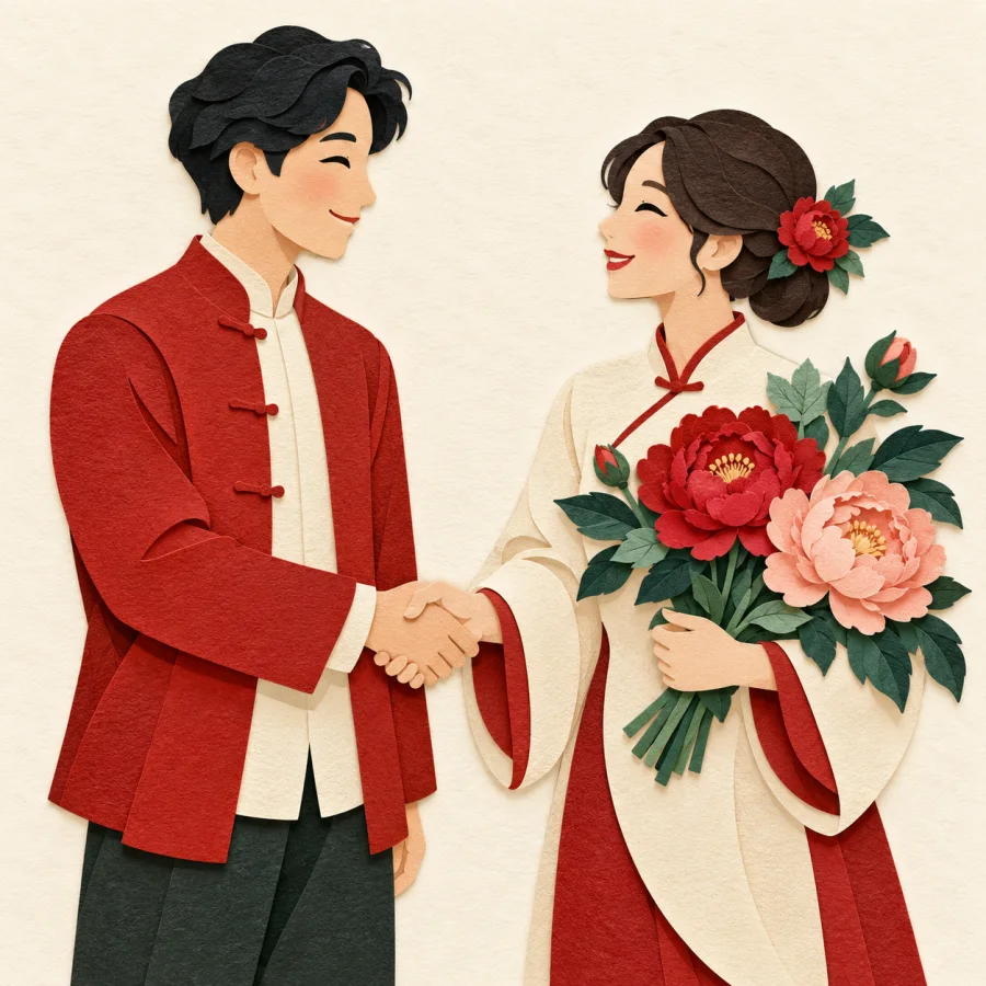 Two people warmly shake hands, one holding flowers.