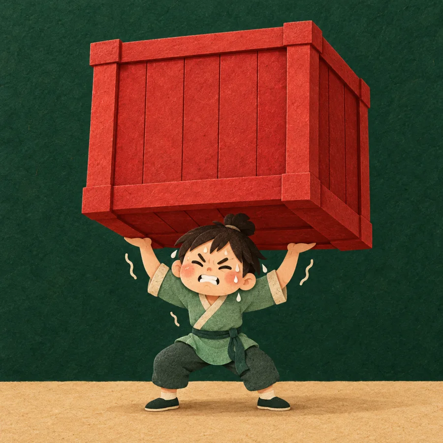 A sweating person strains to lift a huge crate overhead.