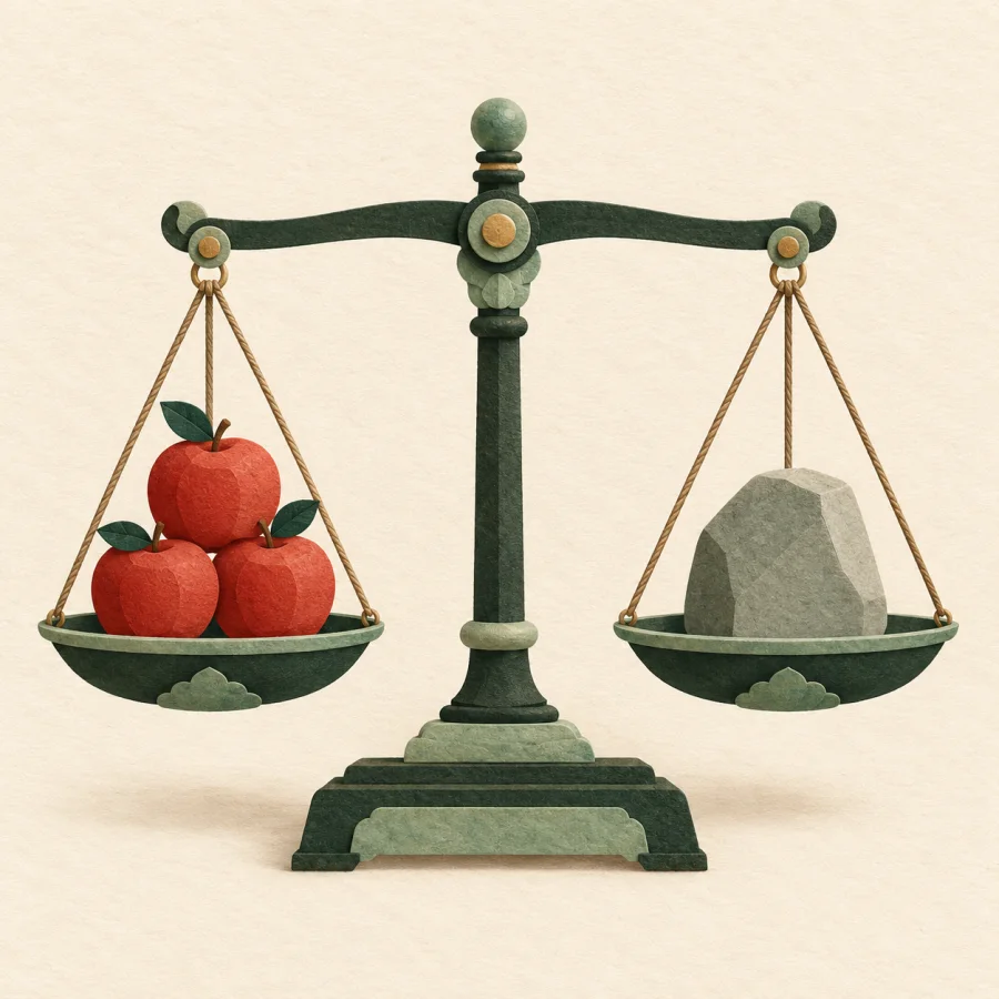 A balance scale with apples on one pan and a weight on the other.