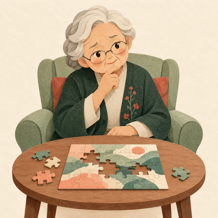 An elderly person in an armchair looks puzzled at a jigsaw puzzle.
