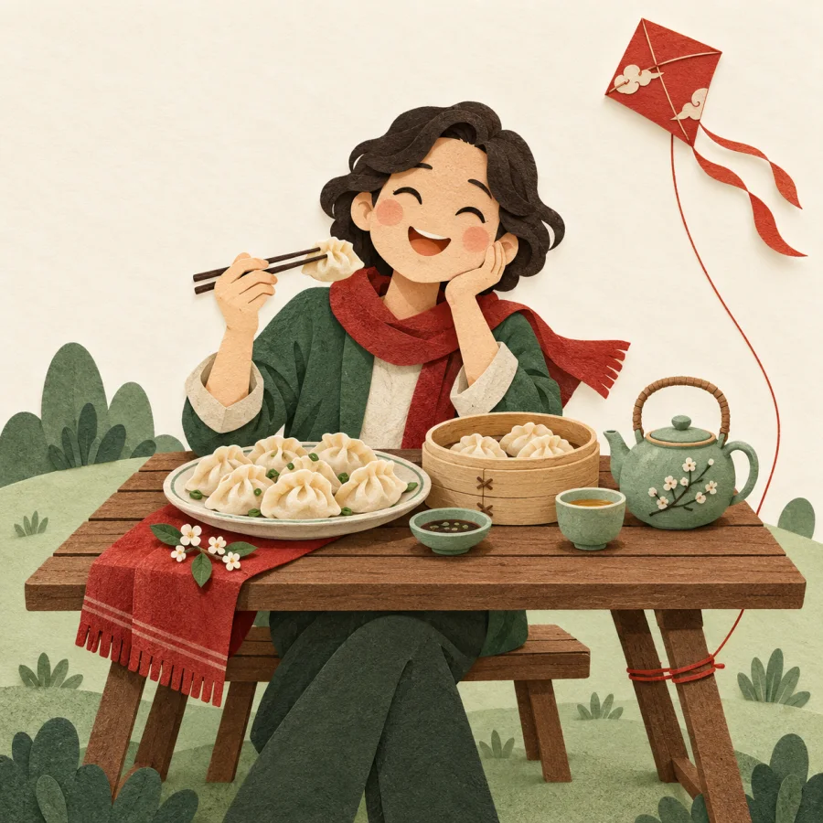 A cheerful person at a laden table, with a kite flying nearby.