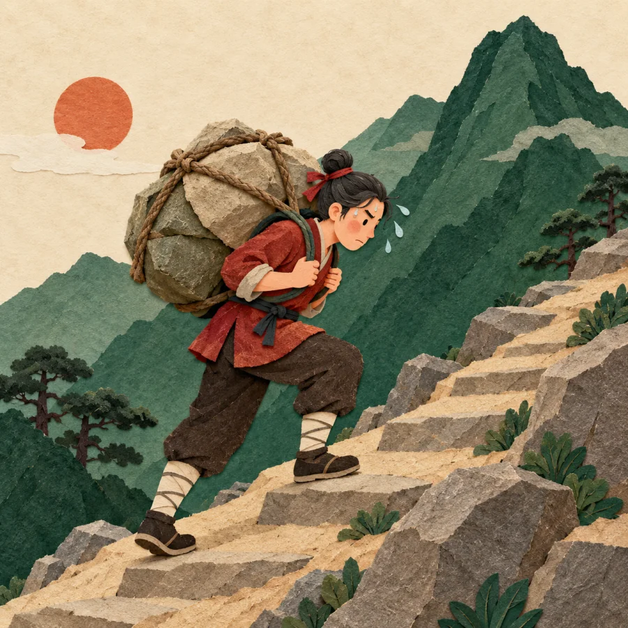 A person carries a heavy bundle up a steep stony path.