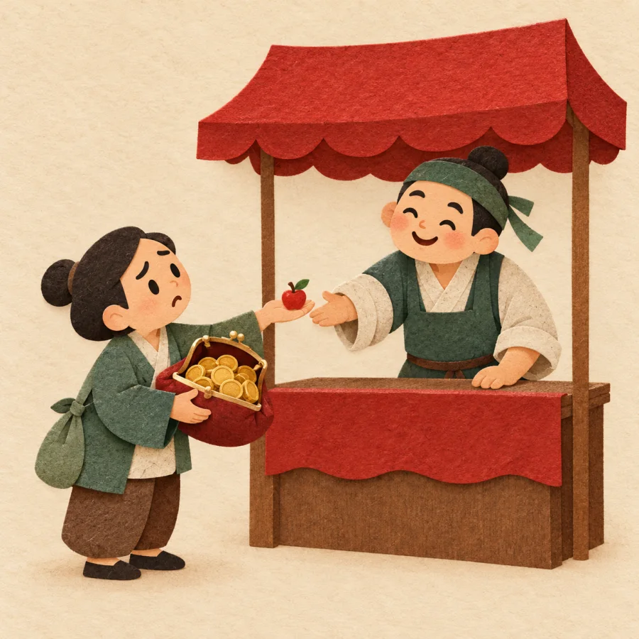 A shopper hands over many coins and gets one tiny apple.