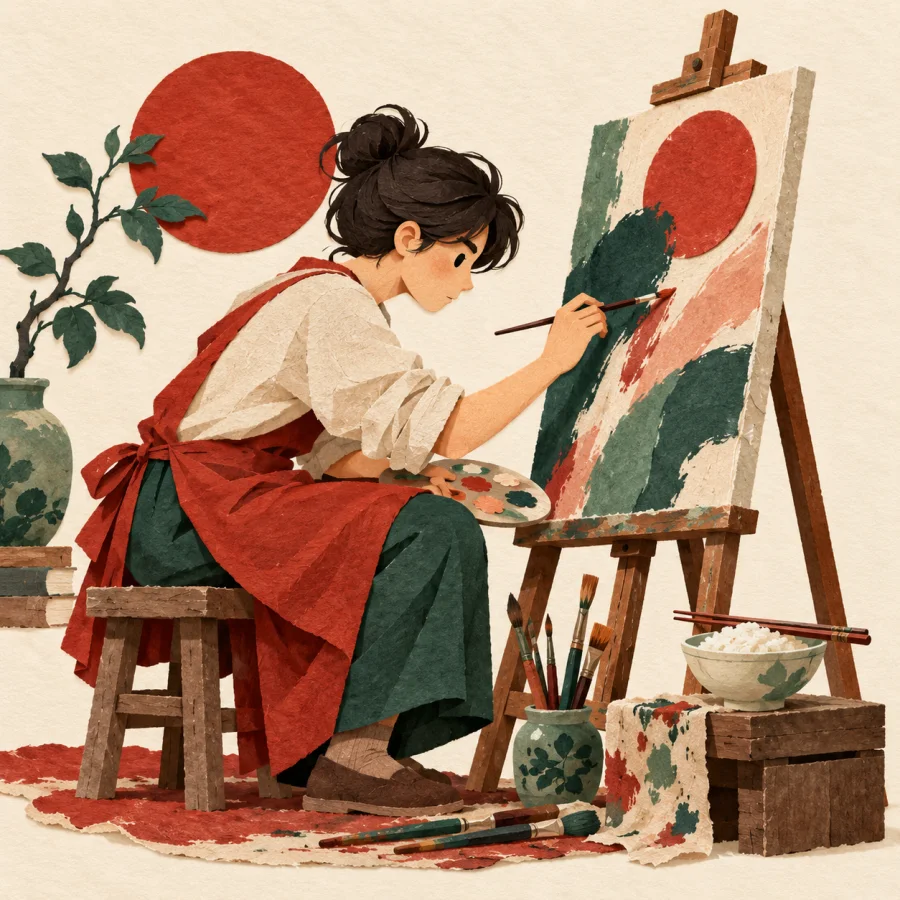A person paints, absorbed, beside an untouched bowl of rice.