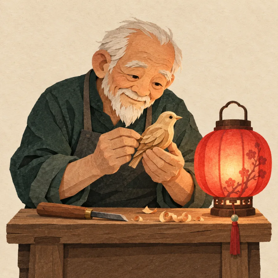An old craftsman bends over a carved wooden bird by a red lantern.