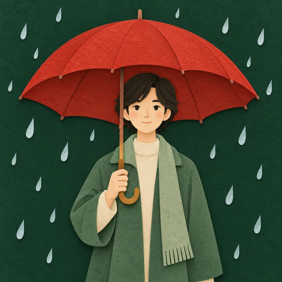 A person firmly holds a red umbrella in the rain.