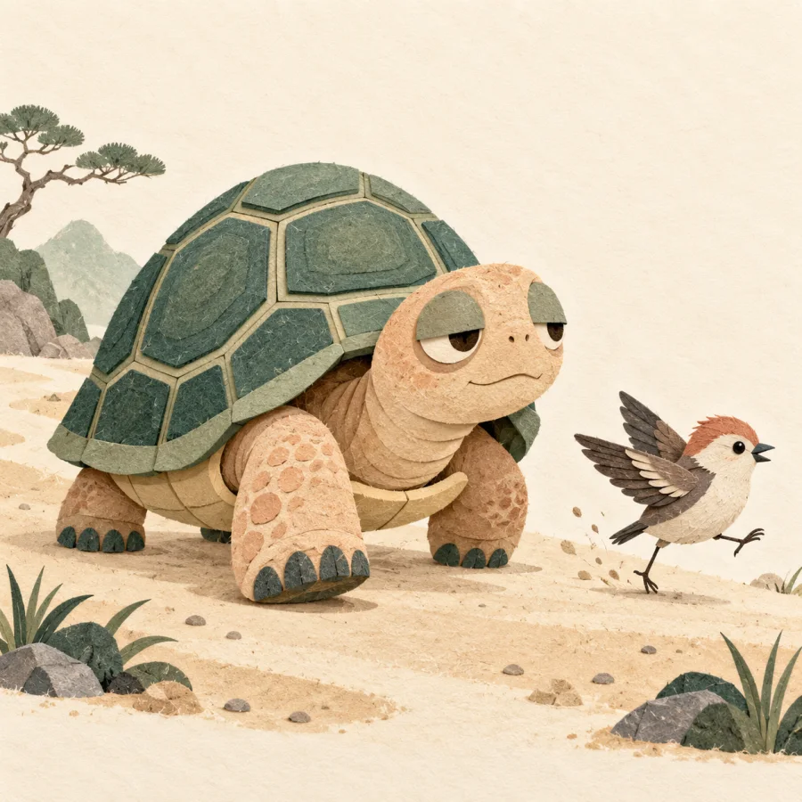 A tortoise crawls along as a small bird hops past.
