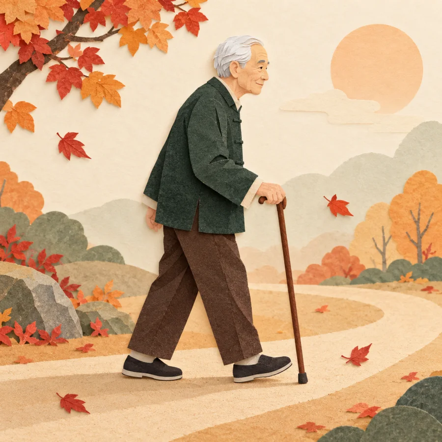 An elderly person walks very slowly along a path with a cane.