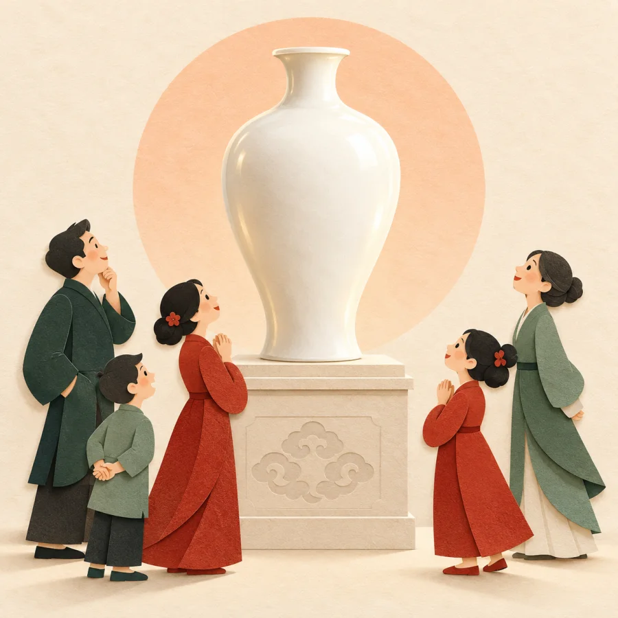 A crowd admires a porcelain vase on a pedestal.