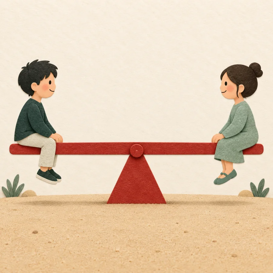 A seesaw is perfectly level with equal figures on each end.