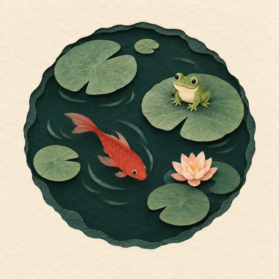 A small pond with lily pads, a red fish and a frog.