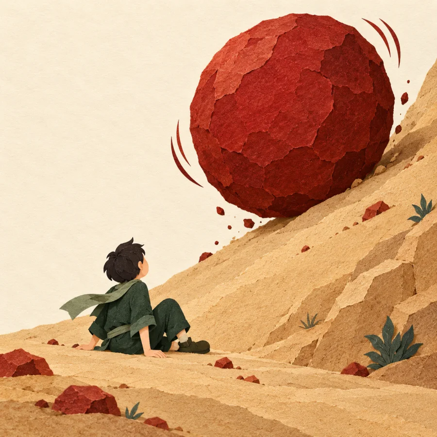 A person at a hill’s foot watches a boulder roll toward them.