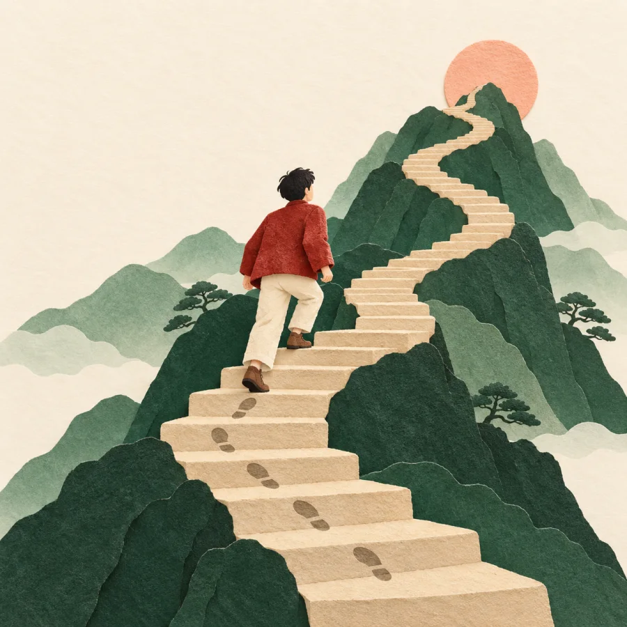 A person climbs a long winding mountain staircase step by step.