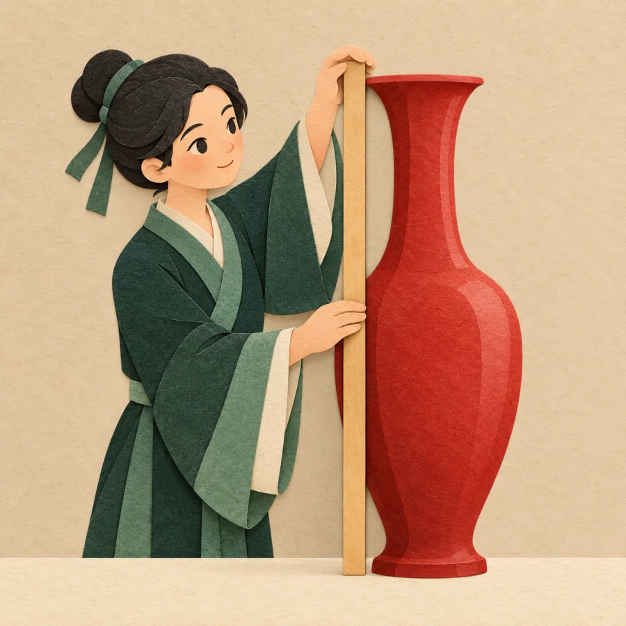 A person holds a wooden ruler against a tall vase.