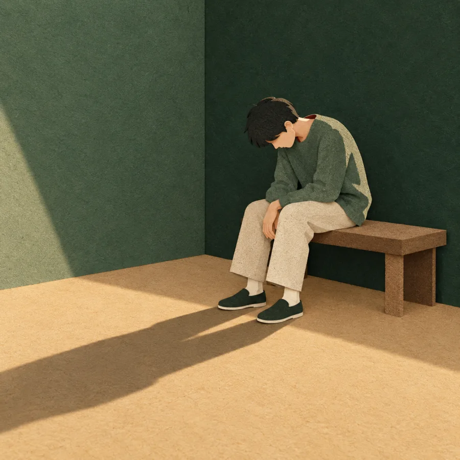 A person with a lowered head sits alone on a bench.