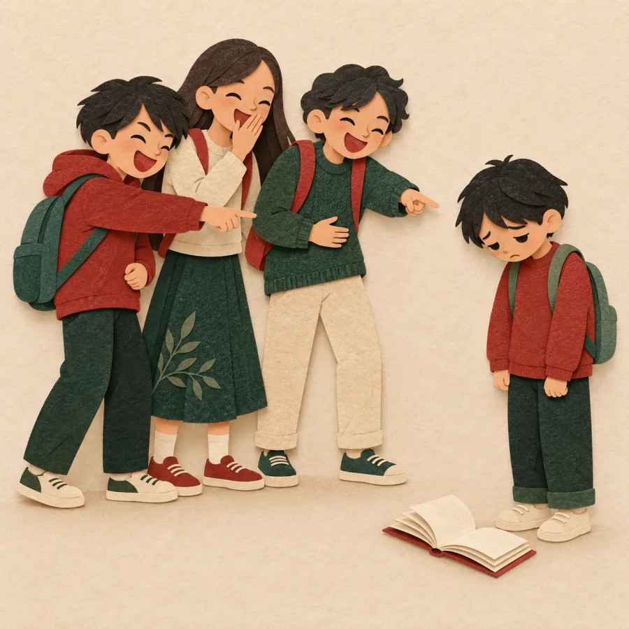 Three people point and laugh at a sad person.