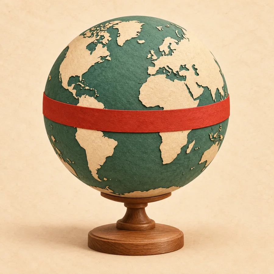 A globe with a red band around its middle on a stand.