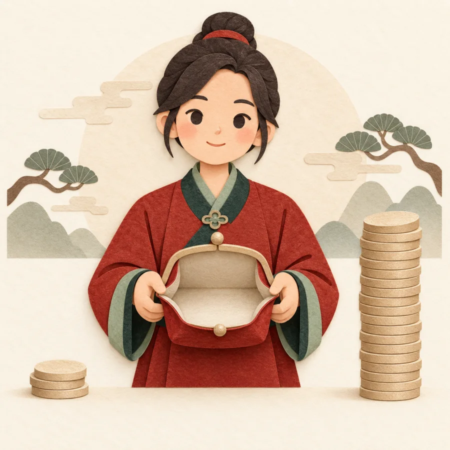 A person with an empty purse beside a short and a tall coin stack.