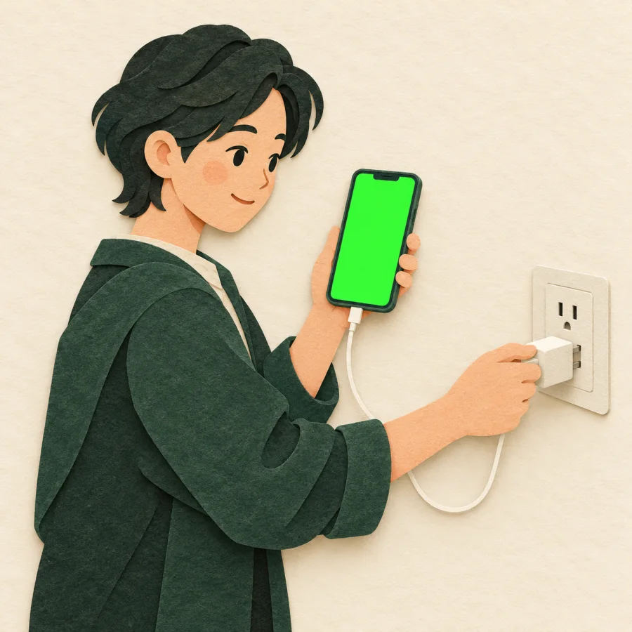 A person plugs a glowing phone into a wall socket.