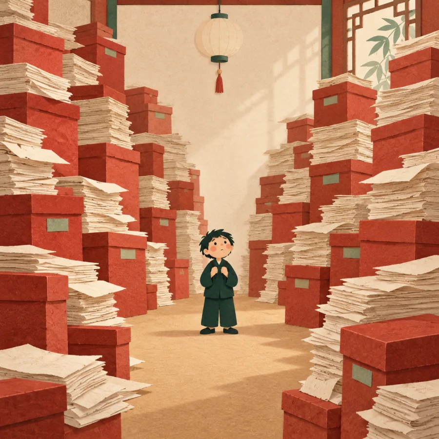 A small person stands in a room crammed with towering boxes.
