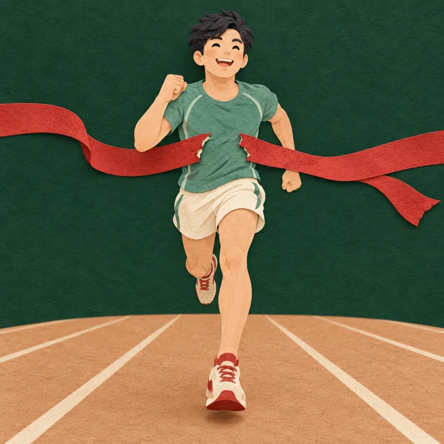 A runner breaks through a red ribbon at the finish line.