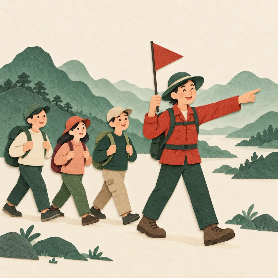 A person with a red flag points the way for a group of travellers.