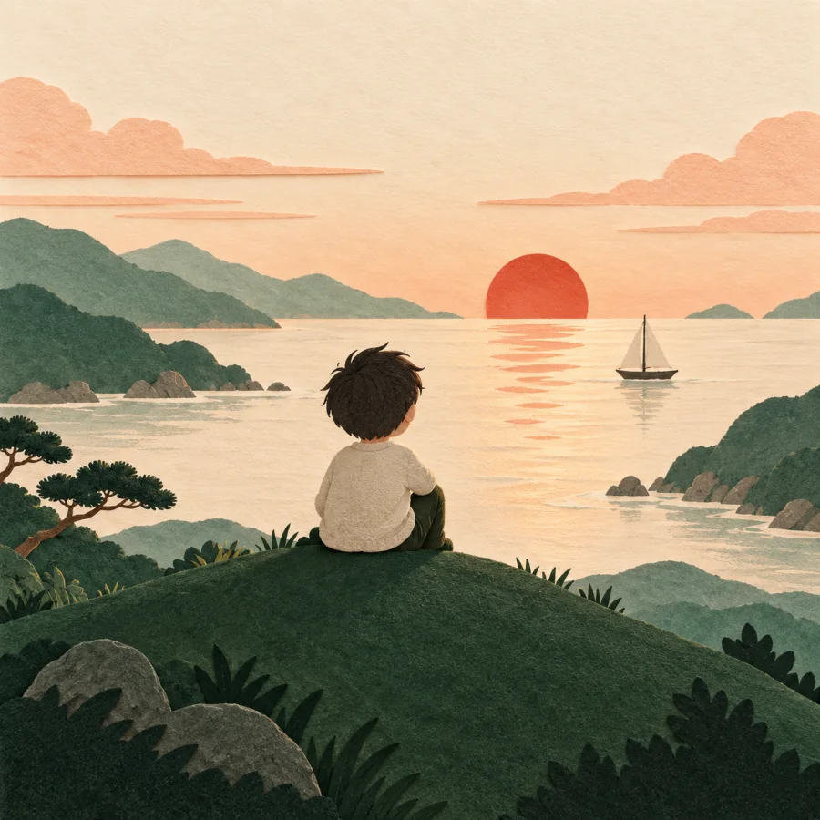 A child on a hilltop gazes at a sailing ship at sunrise.