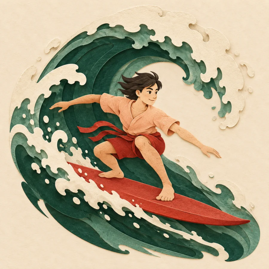 A person balances on a red board riding a big wave.